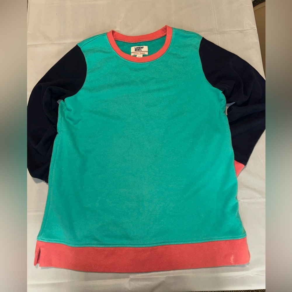 Lands End Serious Sweats Sweatshirt SZ Medium Teal Colorblock Print Fall Top